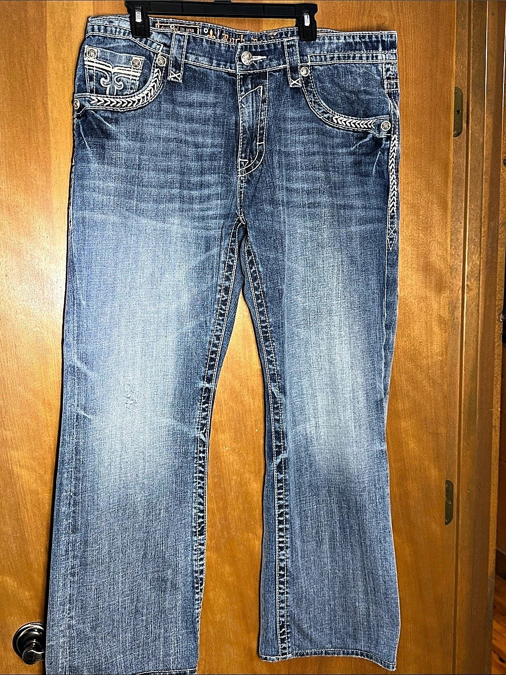 Rock Revival Boot Cut Embroidered Jeans in Blue